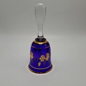 Bohemian Blue Glass Bell With Gold Floral Design